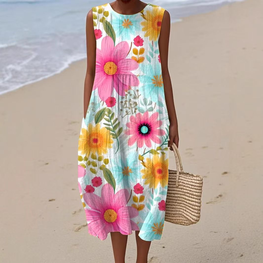 Letnia damska sukienka bez rękawów z okrągłym dekoltem