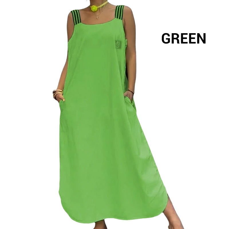 Szeroka sukienka maxi na ramiączkach z kieszeniami