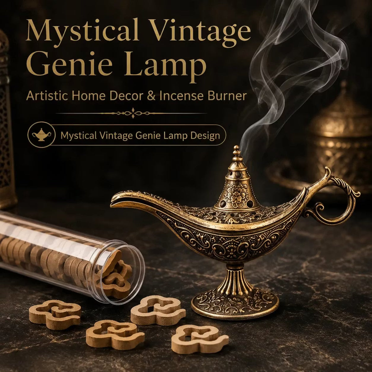 🔥Zabytkowy uchwyt na kadzidełko z lampą Aladyn Genie 🎁【W zestawie 42 chipsy z naturalnego drzewa sandałowego】