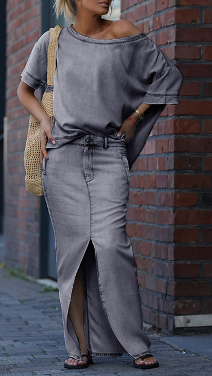 Damski garnitur casualowy z okrągłym dekoltem i denimu Tencel