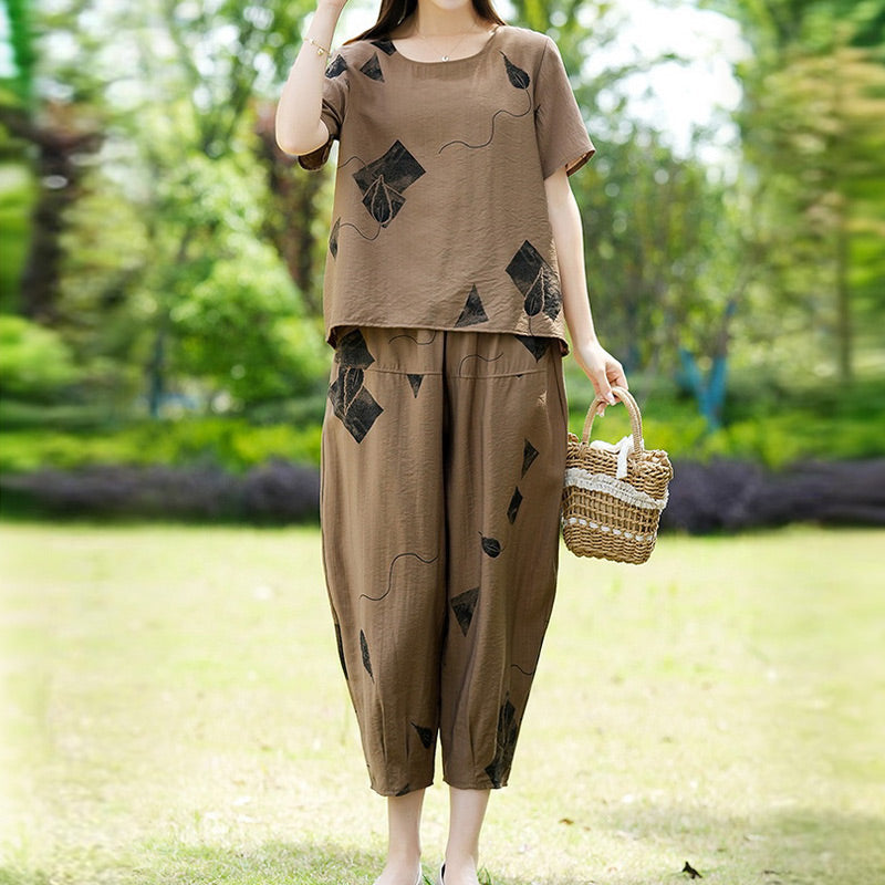 💞 Damski wzorzysty zestaw składający się z krótkiego topu z krótkim rękawem i szerokich spodni o skróconej nogawce