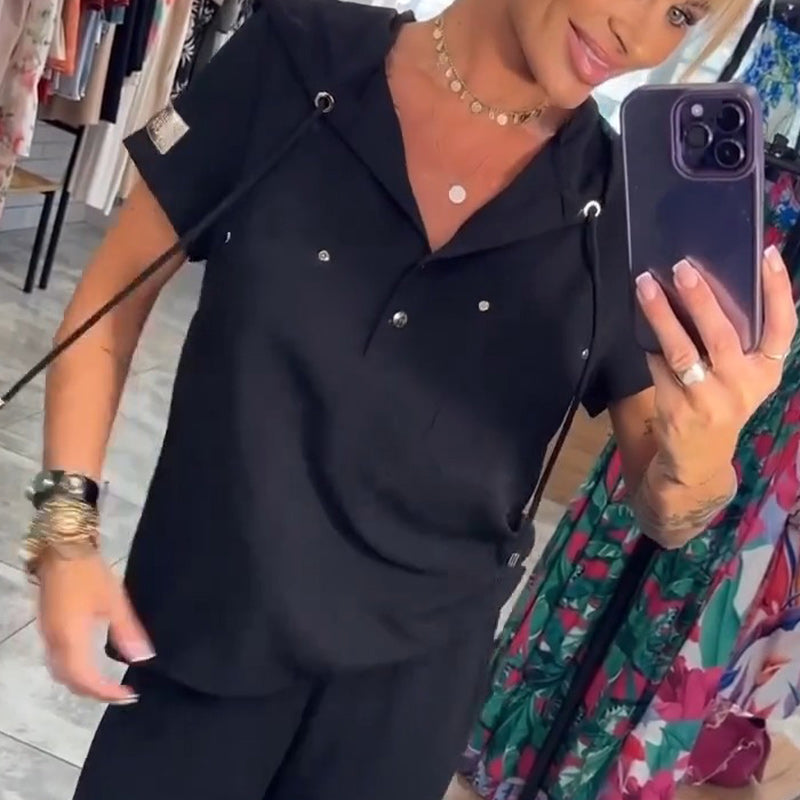 Bluzka z kapturem i dekoltem w serek, krótki rękaw, spodnie, dwuczęściowy zestaw