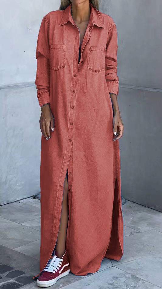 Sukienka jeansowa z długimi rękawami i klapami