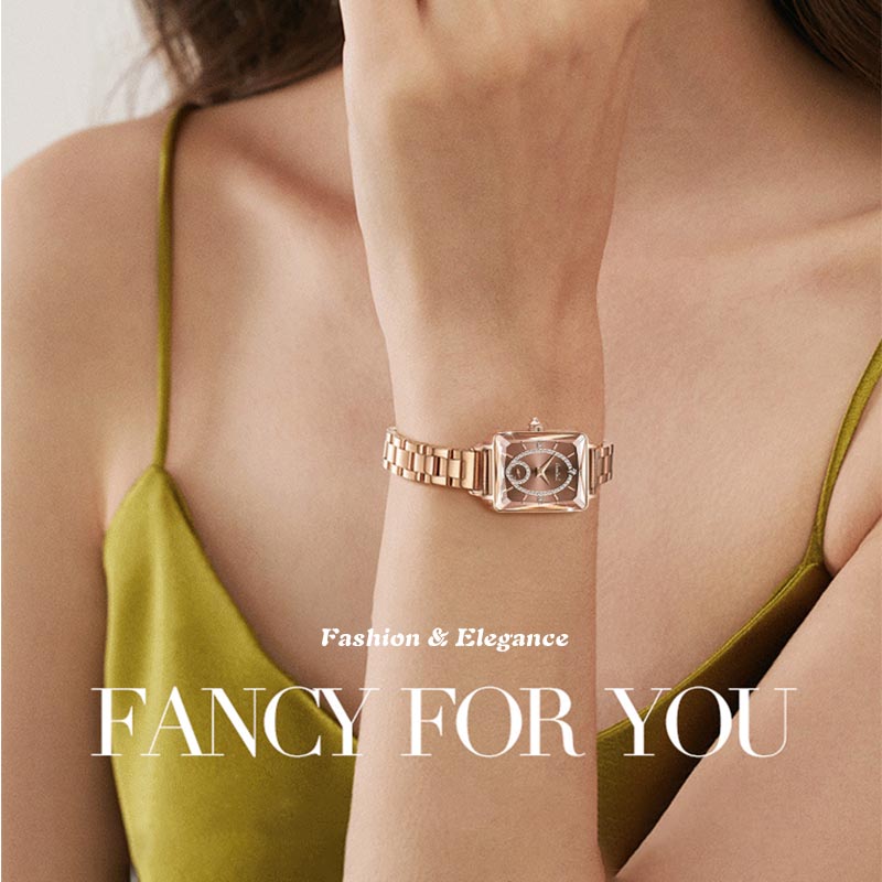 💎Modny kwadratowy damski zegarek z różowego złota z diamentami