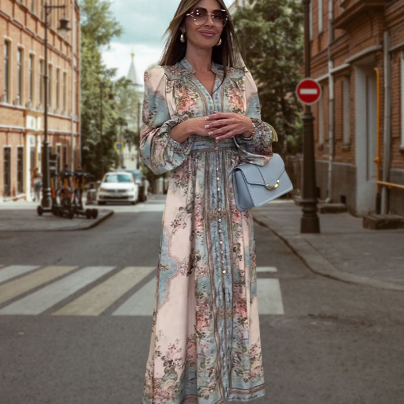 Elegancka sukienka z dekoltem w serek, wysokim stanem, kwiatowym nadrukiem i guzikami