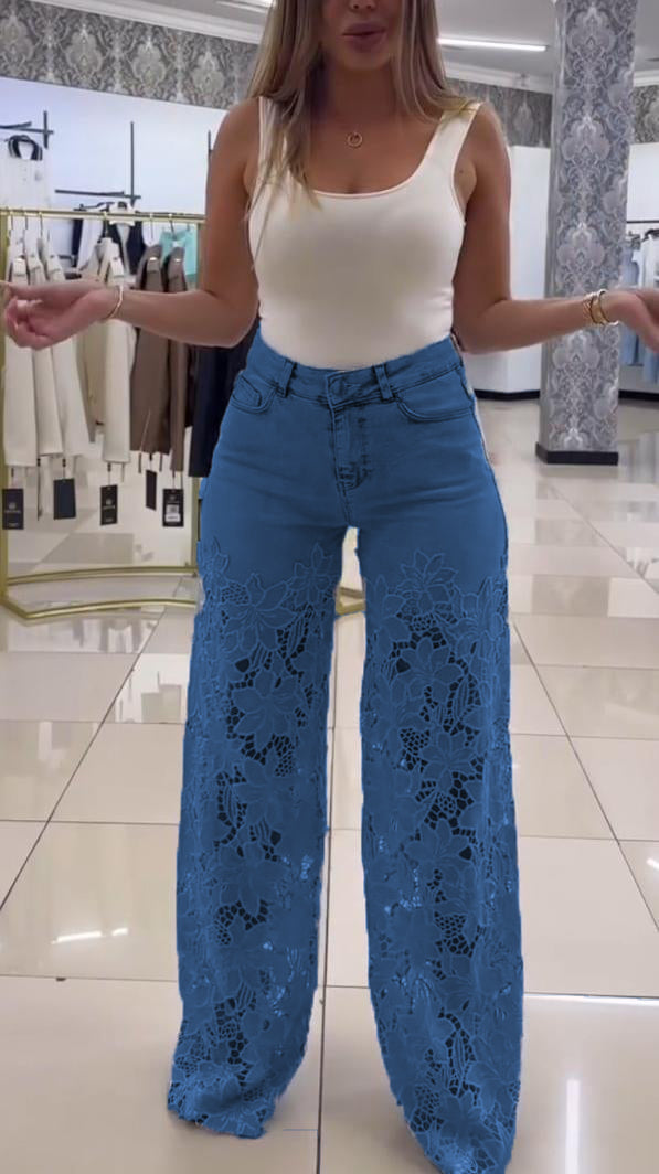Damskie eleganckie koronkowe jeansy