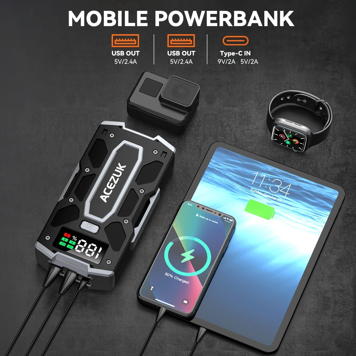 Rozrusznik samochodowy 7000A szczytowy 12V (10,0 l benzyny/8,0 l oleju napędowego), akumulator rozruchowy ze światłem LED, inteligentny rozrusznik z 8 zabezpieczeniami, w zestawie z torbą transportową