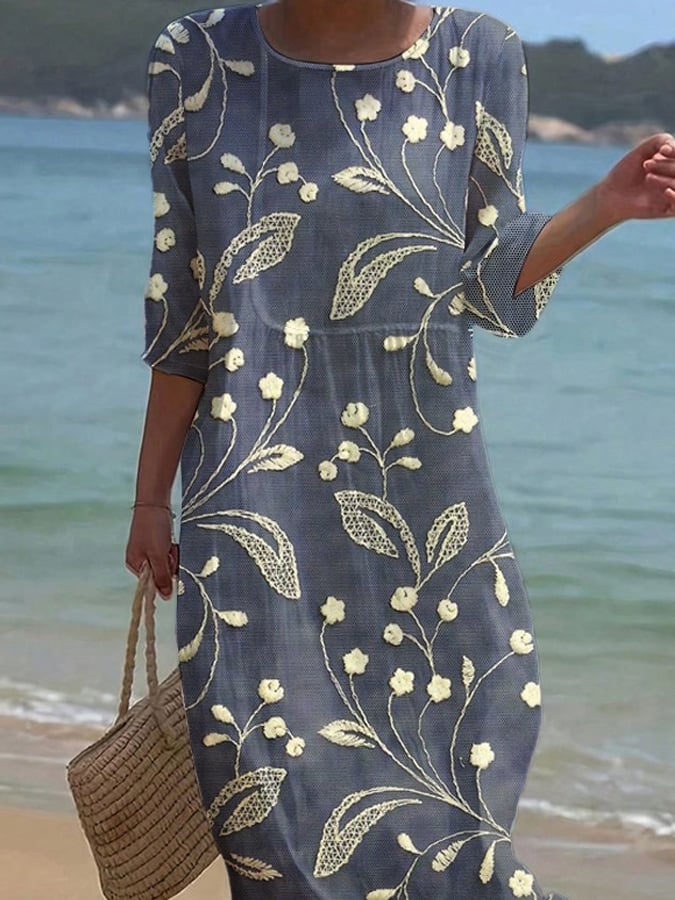 Damski stały stały kolor okrągły szyjka w połowie kwiecistej bawełniana i lniana sukienka