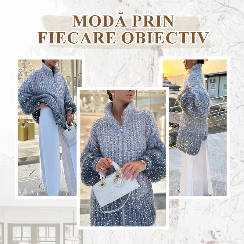 【Nowości 2025】Damski sweter z dzianiny z cekinami i zamkiem błyskawicznym na całej długości