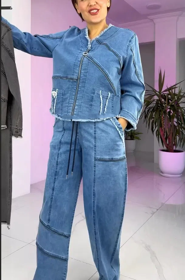 Damski garnitur z jeansu vintage z zamkiem błyskawicznym