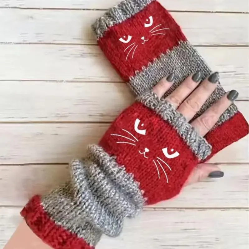 🐱 Śliczne damskie rękawiczki dzianinowe w kształcie kota🧤🧶