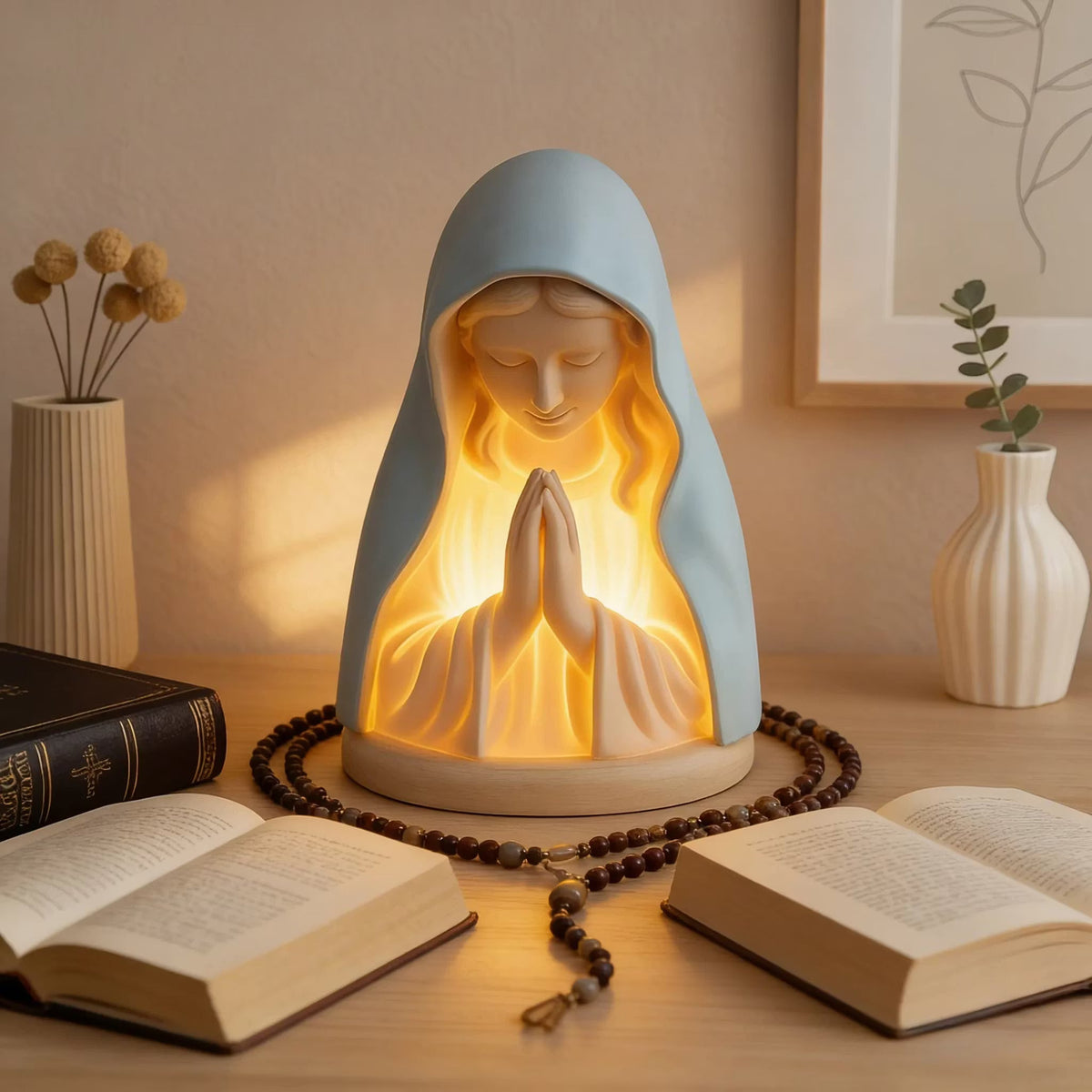 ✝️ Ręcznie robiona lampka nocna z żywicy przedstawiająca Matkę Boską – delikatny blask pokoju i ochrony