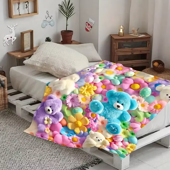 🧸Koc typu „teddy” w pastelowy kwiatowy wzór