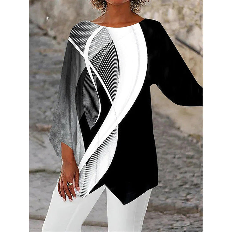 [S-5XL]Nowa 2025 koszula z nadrukiem, okrągłym dekoltem i długim rękawem