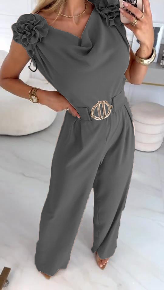 Letni damski kombinezon bez rękawów z trójwymiarowym kwiatowym wzorem i dekoltem w serek