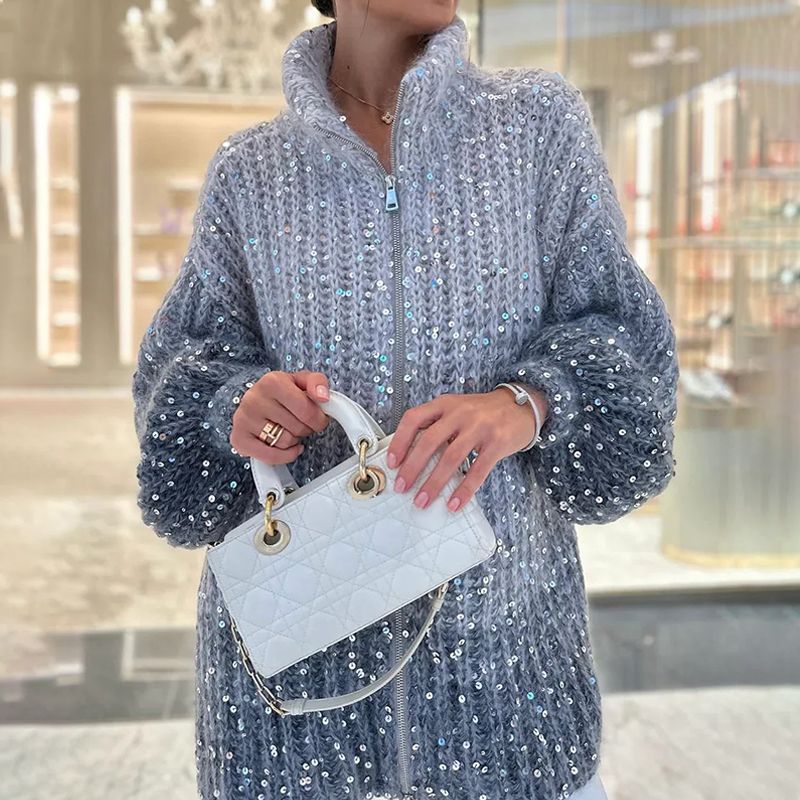 【Nowości 2025】Damski sweter z dzianiny z cekinami i zamkiem błyskawicznym na całej długości