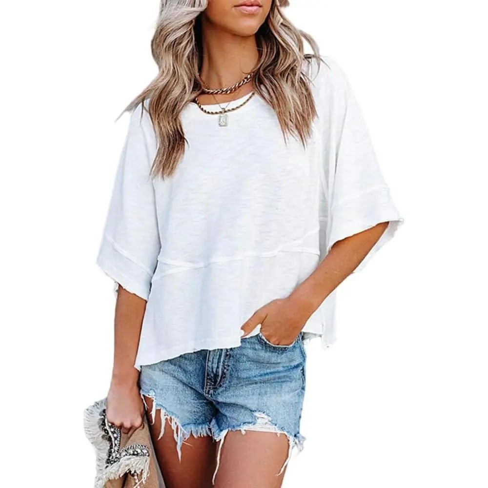 Nowości! ☀️ Damska letnia, swobodna bluzka z okrągłym dekoltem i bufiastymi rękawami – luźny krój, uroczy i przewiewny 🌸