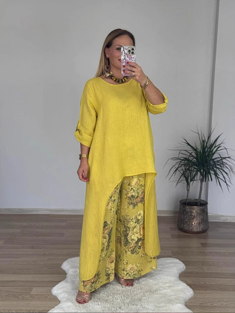 Casualowy nieregularny top i spodnie z szerokimi nogawkami Zestaw bawełny i lnu