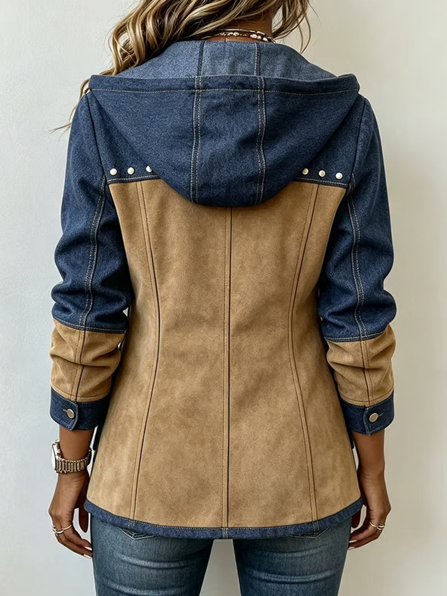 Elegancka kurtka z kapturem z denimu i zamszu
