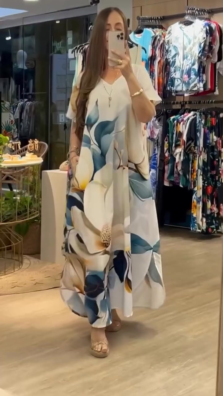 Damska luźna, swobodna sukienka z dekoltem w serek, nadrukiem i krótkimi rękawami