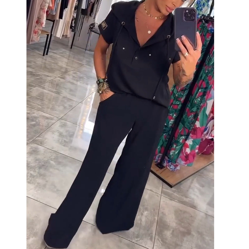 Bluzka z kapturem i dekoltem w serek, krótki rękaw, spodnie, dwuczęściowy zestaw