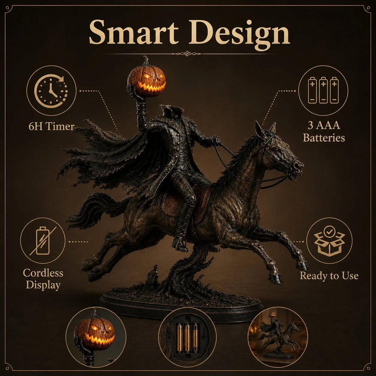 Figurka LED Jeźdźca Bez Głowy Midnight Chase – dekoracja na Halloween
