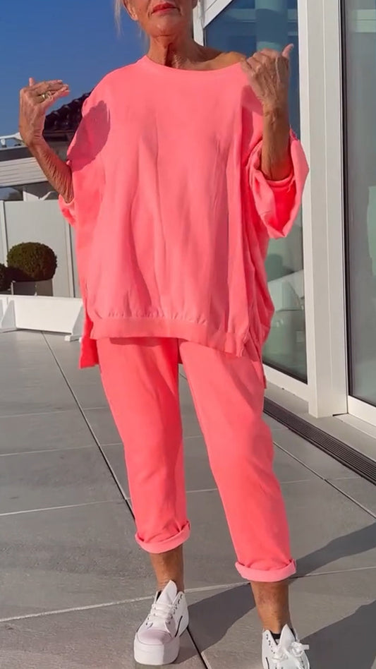 Letni damski okrągły dekolt rozcięcie jasny kolor casualowy garnitur