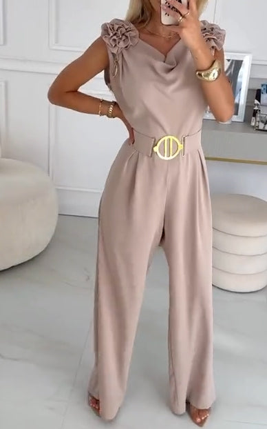 Letni damski kombinezon bez rękawów z trójwymiarowym kwiatowym wzorem i dekoltem w serek