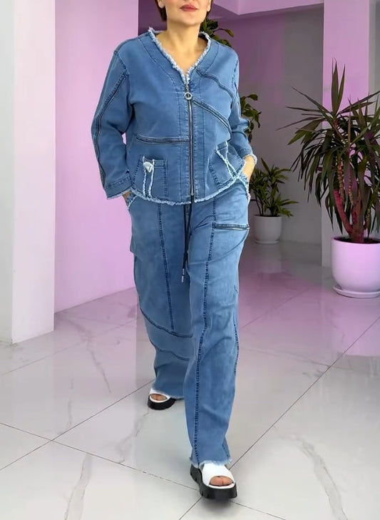 Damski garnitur z jeansu vintage z zamkiem błyskawicznym