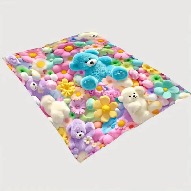 🧸Koc typu „teddy” w pastelowy kwiatowy wzór