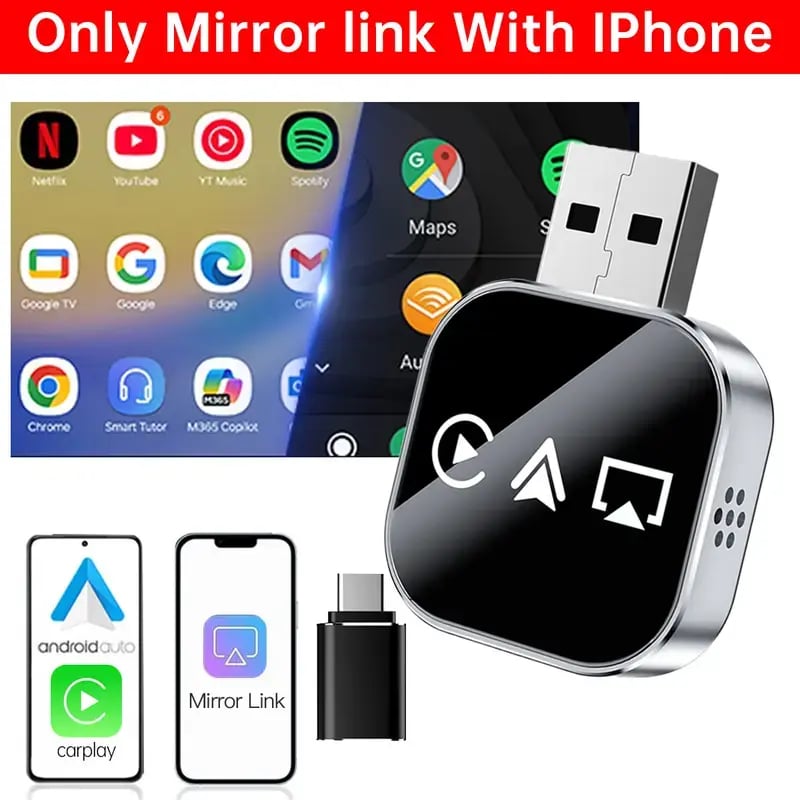 📶 Ulepszony w 2026 r. 3 w 1 ekran lustrzany telefonu iOS, przewodowy adapter CarPlay do bezprzewodowego
