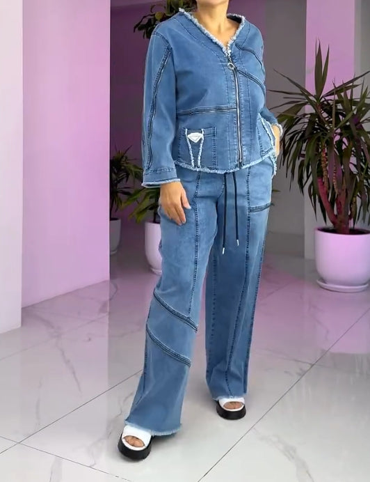 Damski garnitur z jeansu vintage z zamkiem błyskawicznym