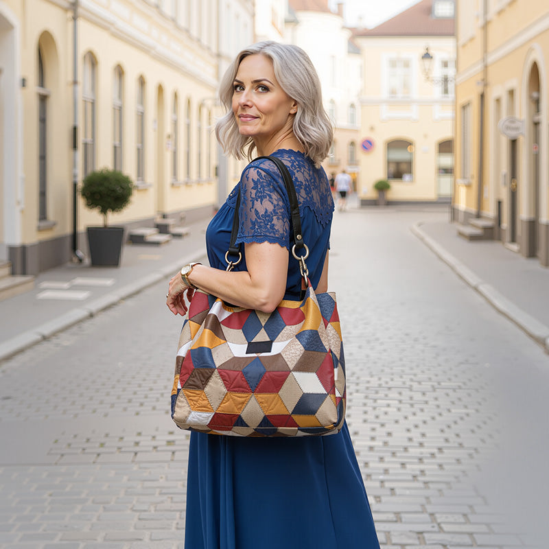 🥳 👜Modna torba typu tote z geometrycznym wzorem i dużą pojemnością