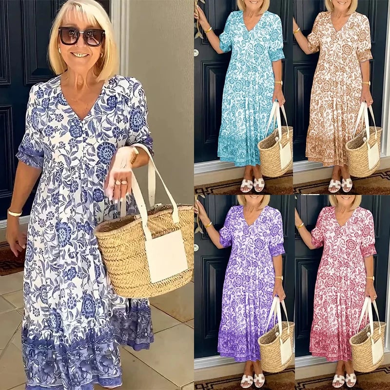 Sukienka z nadrukiem i dekoltem w serek, elegancka i stylowa