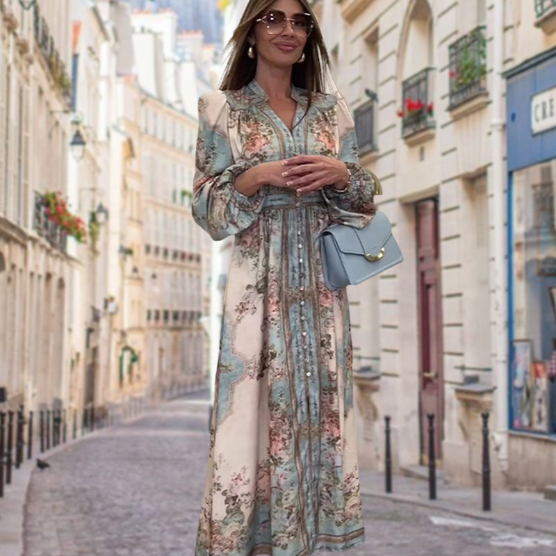 Elegancka sukienka z dekoltem w serek, wysokim stanem, kwiatowym nadrukiem i guzikami