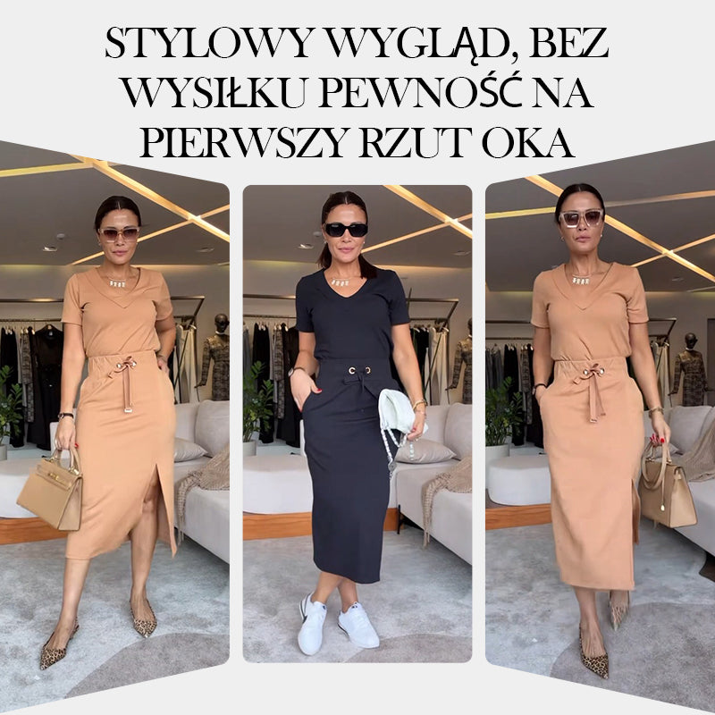 💥Komplet damski składający się z koszulki z dekoltem w serek i spódnicy midi👗