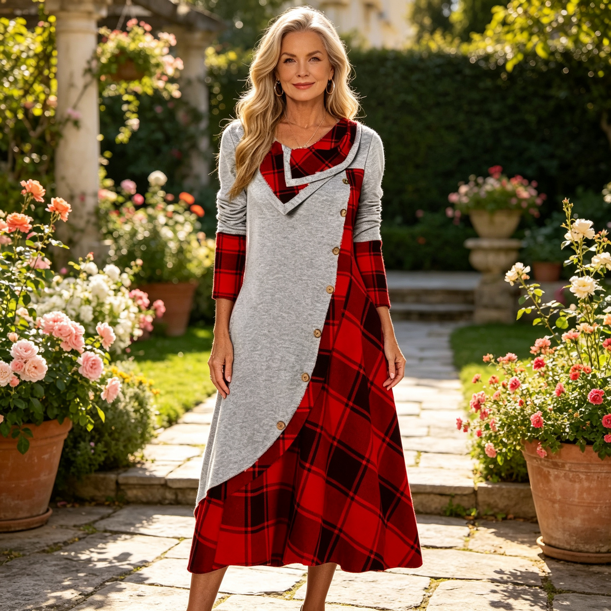 👗 Damska sukienka maxi w kratę z golfem i patchworkowym wzorem – elegancka, długa sukienka na jesień i ciepły ubiór