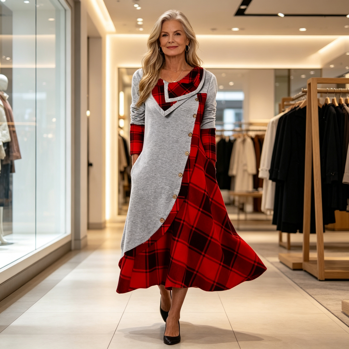 👗 Damska sukienka maxi w kratę z golfem i patchworkowym wzorem – elegancka, długa sukienka na jesień i ciepły ubiór