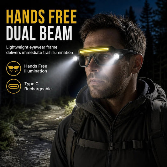 Okulary z latarką LED z podwójnym wiązką światła, bez użycia rąk, akumulatorowe okulary robocze COB typu C dla mechaników, na kemping i do napraw