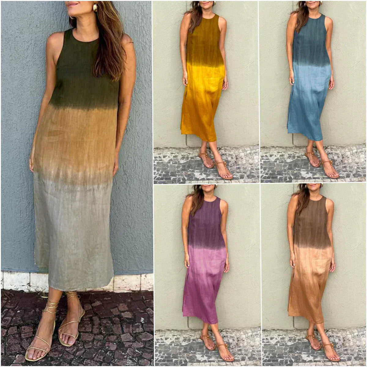 🌸Długoramienna sukienka z bawełny i lnu z krojem tie-dye