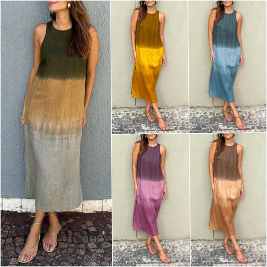 🌸Długoramienna sukienka z bawełny i lnu z krojem tie-dye