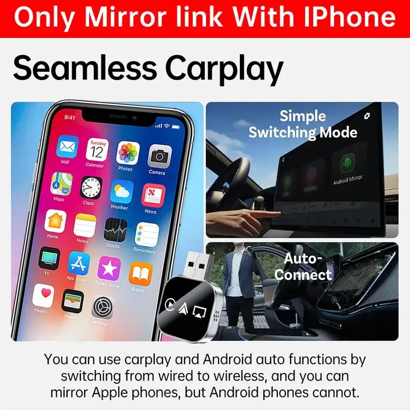 📶 Ulepszony w 2026 r. 3 w 1 ekran lustrzany telefonu iOS, przewodowy adapter CarPlay do bezprzewodowego