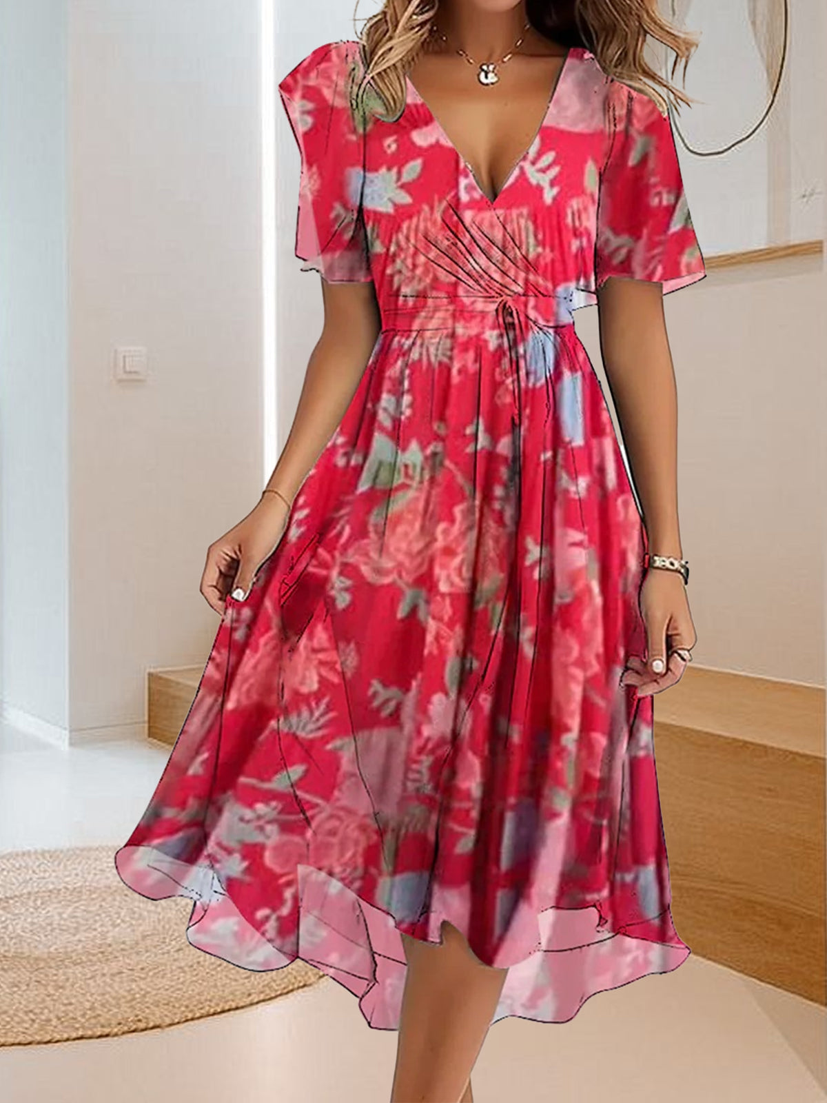 Prosta, swobodna sukienka z dekoltem w serek i nadrukiem