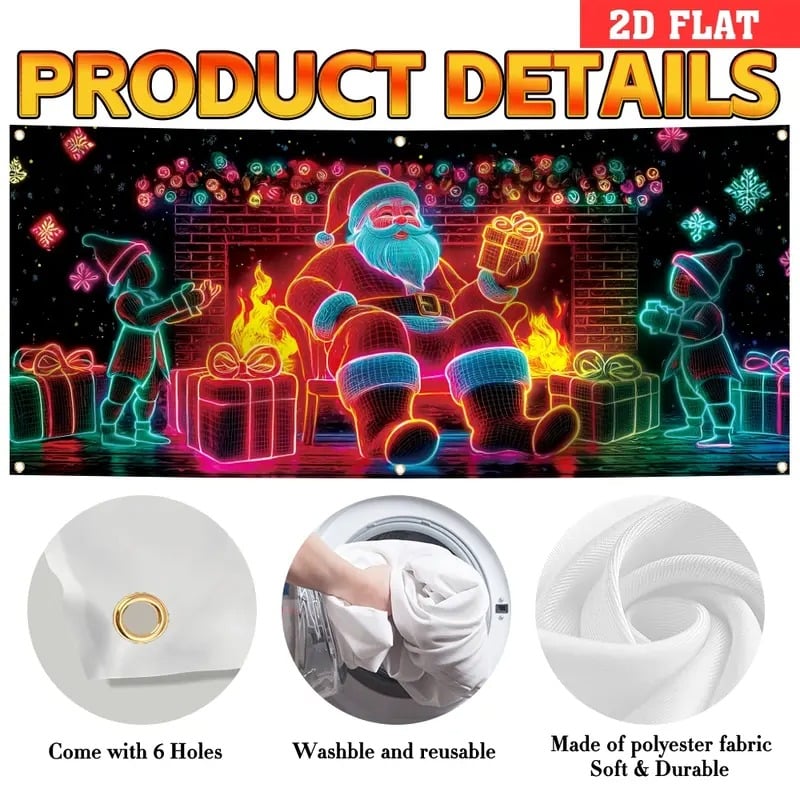 Świąteczny baner na drzwi garażowe z aktywatorem UV, świecący w ciemności, z kreskówkowym motywem Świętego Mikołaja i elfa, dekoracja na imprezę na zewnątrz i wewnątrz