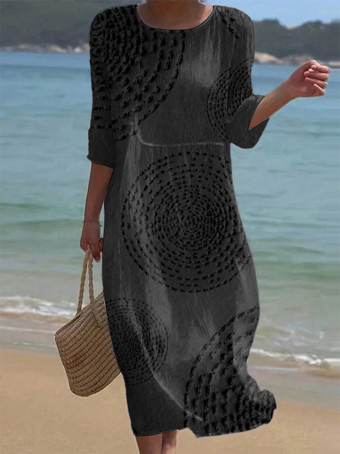 Women's Casual Solid Color Round Neck Mid Sleeve Floral Print Cotton and Linen Dress