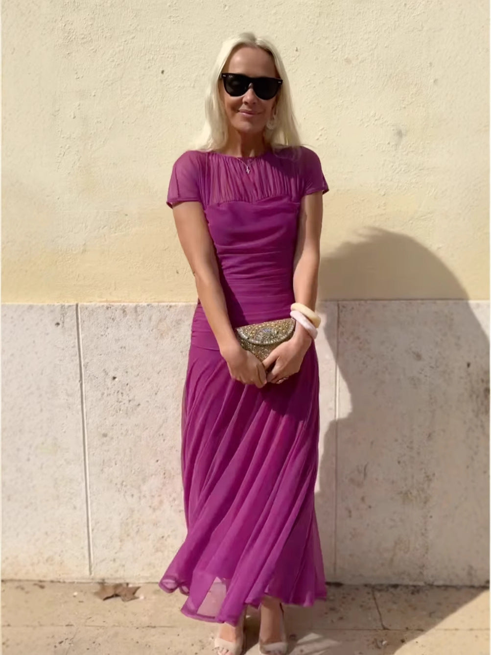 Damska sukienka szyfonowa na co dzień z okrągłym dekoltem i przeszyciami