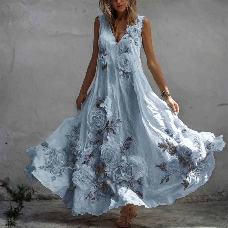 Sukienka maxi z lnu w stylu vintage z wzorem białej róży