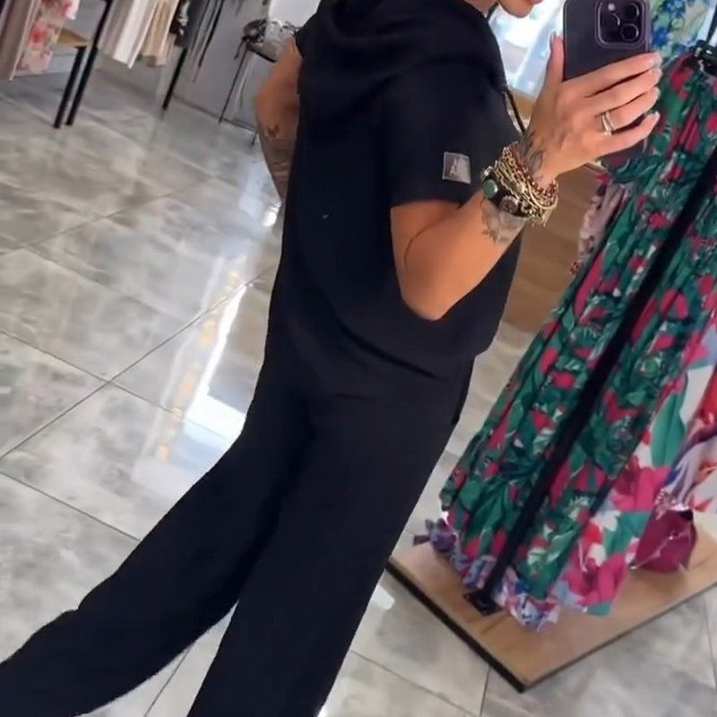 Bluzka z kapturem i dekoltem w serek, krótki rękaw, spodnie, dwuczęściowy zestaw