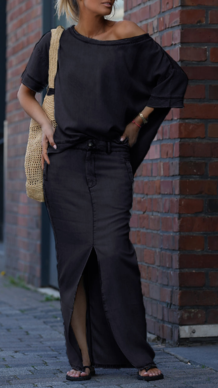 Damski garnitur casualowy z okrągłym dekoltem i denimu Tencel