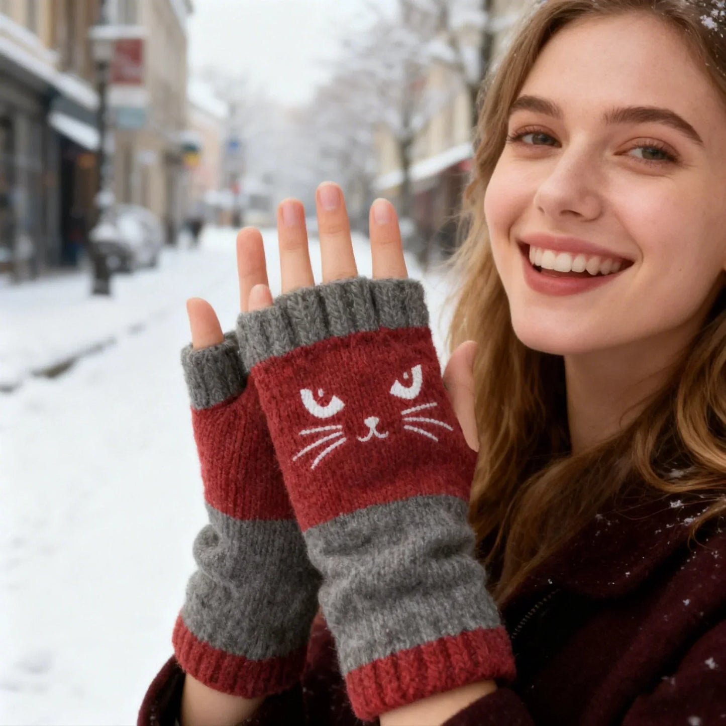 🐱 Śliczne damskie rękawiczki dzianinowe w kształcie kota🧤🧶